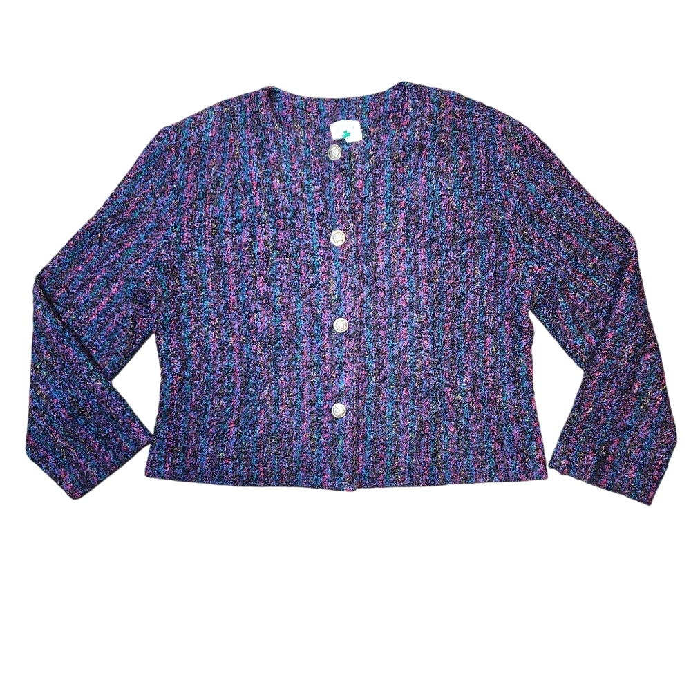 Vintage 80s Irish Wool Boucle Blazer Jacket Crop Gold Buttons Blue Purple‎ M